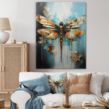 Gold Animal Turquoise Dragonfly Drips - Dragonfly Framed Canvas Art